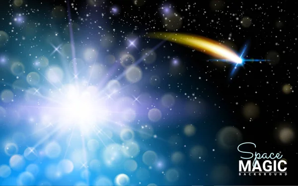 Neon glitzernder Sternenstaub zieht glitzernde Partikel an sich. Blauer Weltraum funkelt Kometenschweif. Effekte realistischer Gestaltungselemente. Vektor Illustration moderner Hintergrund — Stockvektor