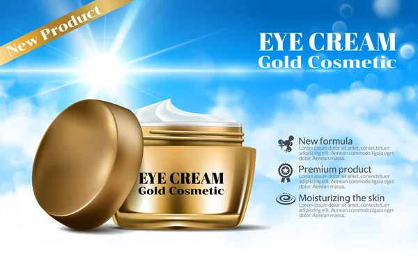 Women Day Cream for Eye and Face Elegant Bottle Mockup. Dazzling Blue Sky Background. Luxury Gold Contained Gloss Effect. Excellent Advertising. Cosmetic Ads Design Product. 3D Vector Illustration