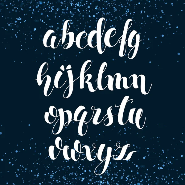 Engels alfabet. Modern geborsteld belettering. Witte letters op blauwe glans zwarte achtergrond. ABC geschilderde Letters alfabet. Onderwijs. Vector handgeschreven brush script — Stockvector