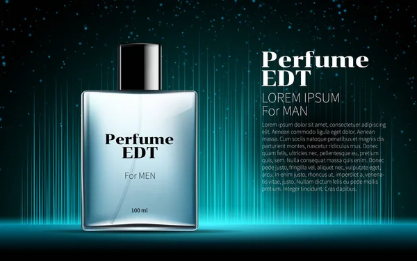 Klasik erkek parfüm bir kare cam mavi şişe Poster reklamları alay kadar parlaklık parlayan çizgi siyah arka plan içinde yer. Mükemmel reklam. Kozmetik paket tasarım ürün. 3D vektör çizim — Stok Vektör