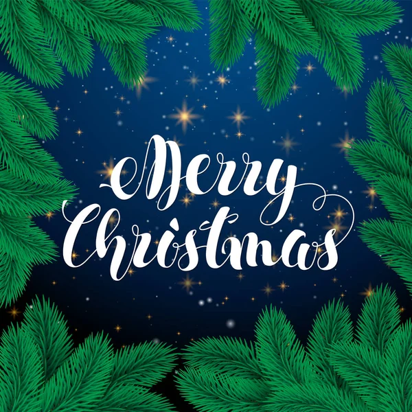 Merry Christmas wenskaart hand belettering. Nacht hemelachtergrond. Kerstboom. Gouden sterren. Vectorillustratie — Stockvector