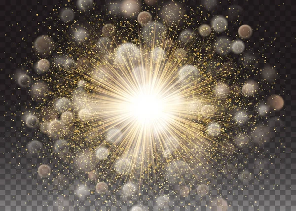 Transparent glöd ljuseffekt. Star burst med gnistrar. Guld glitter. Vektor illustration abstrakt bakgrund. Lysande Motion lyx Design — Stock vektor