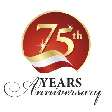 Anniversary 75 th years celebrating logo gold white red ribbon background clipart
