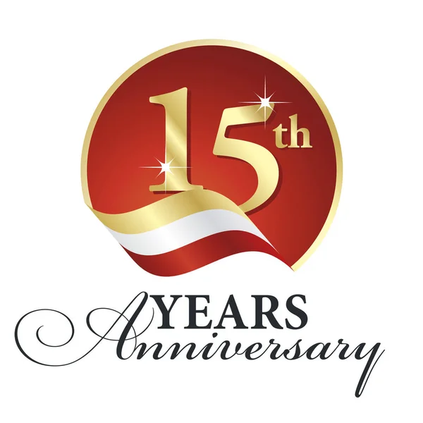 Ου επέτειο 15 χρόνια γιορτάζει λογότυπο χρυσός κορδέλα λευκό κόκκινο φόντο — Διανυσματικό Αρχείο
