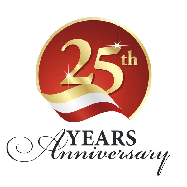 Anniversary 25 th years celebrating logo gold white red ribbon background — Stock Vector