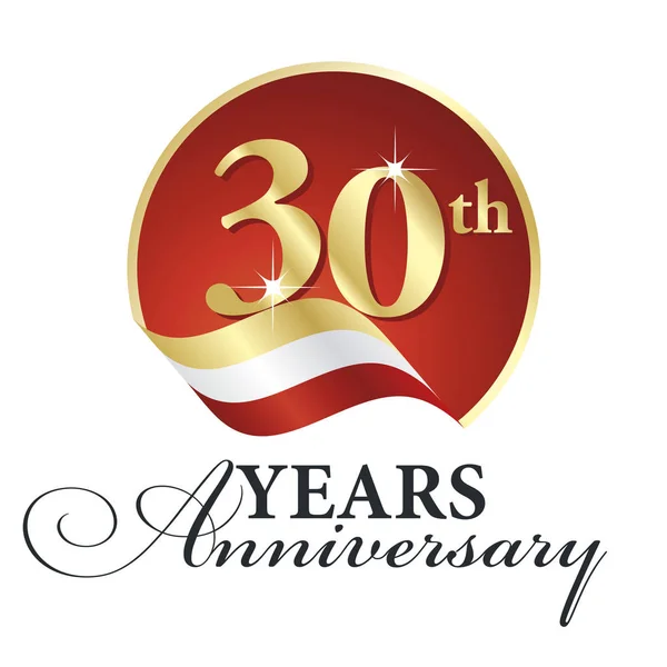 Anniversario 30 anni che celebrano logo oro bianco rosso nastro sfondo — Vettoriale Stock