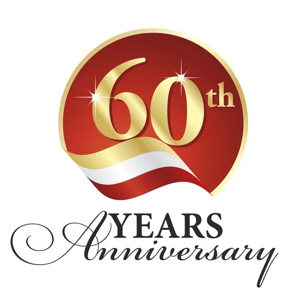 Verjaardag 60 th jaren vieren logo goud wit rood lint achtergrond — Stockvector