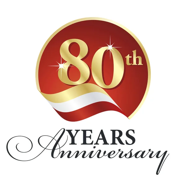 Verjaardag 80 th jaren vieren logo goud wit rood lint achtergrond — Stockvector