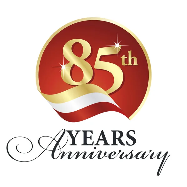 Verjaardag 85 th jaren vieren logo goud wit rood lint achtergrond — Stockvector