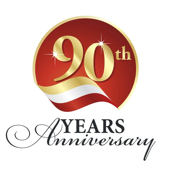 Verjaardag 90 th jaren vieren logo goud wit rood lint achtergrond — Stockvector