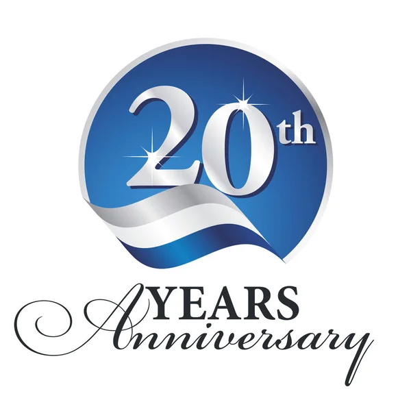 Aniversário 20 anos celebrando logotipo prata branco azul fita fundo — Vetor de Stock