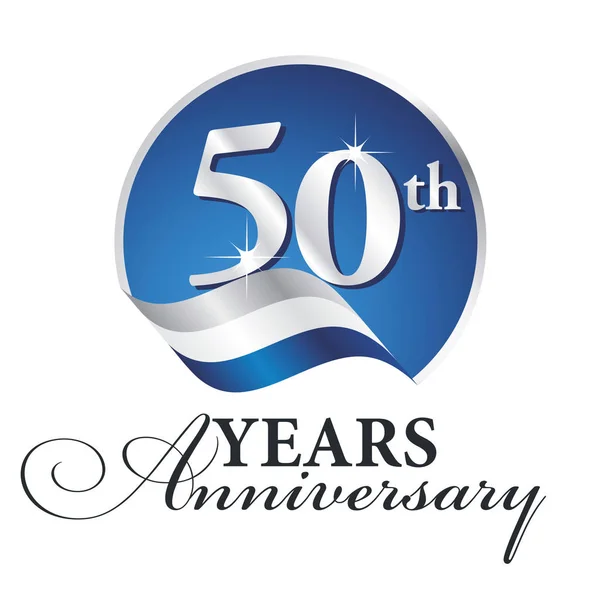 年ロゴ シルバー ホワイト ブルー リボン背景を祝う記念日 50 回 — ストックベクタ
