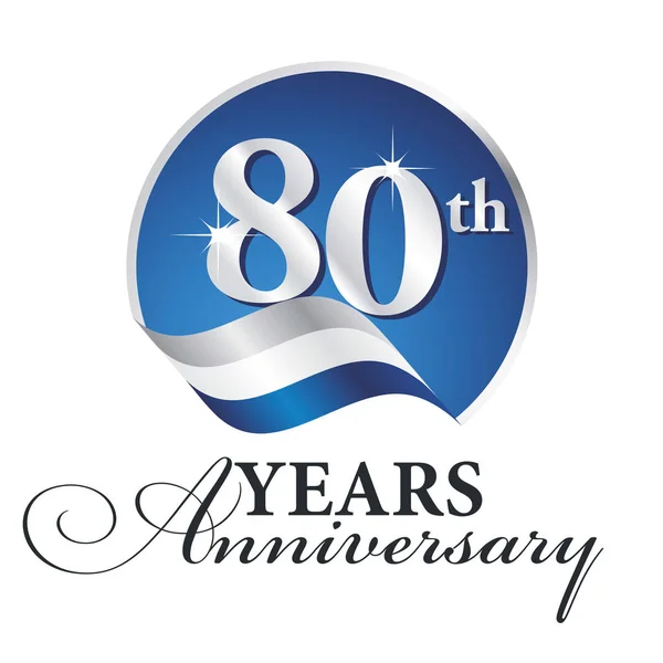 Aniversário 80 anos celebrando logotipo prata branco azul fita fundo — Vetor de Stock