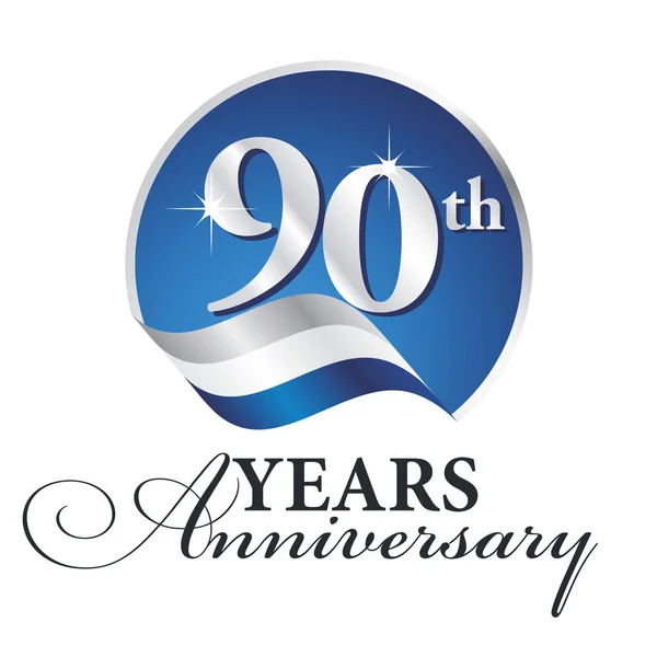 銀ロゴ ホワイト ブルー リボン背景を祝う年周年記念 90 th — ストックベクタ