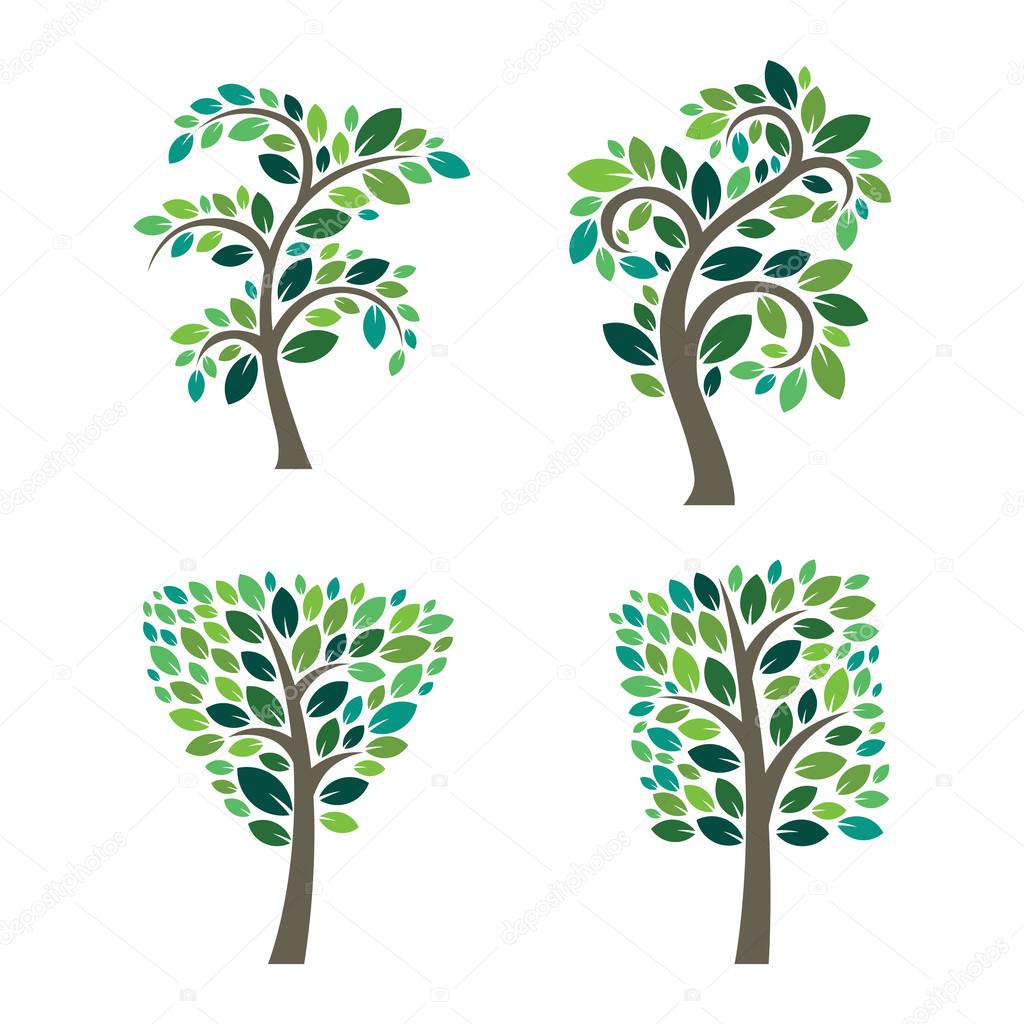 Stylized vector tree logo icon. Vector tree flat silhouette isolated on white. Tree shape and foem symbol. Green tree vector icon logo isolated. Natural eco product logo