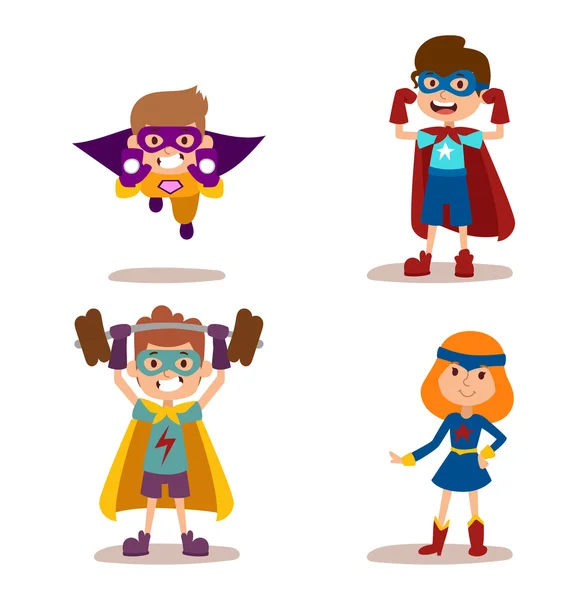 Superherói crianças meninos e meninas desenho animado vetor ilustrationt —  Vetores de Stock