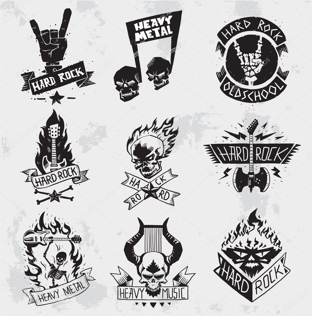 Vintage coal mining emblems, labels, badges, logos. Monochrome style heavy metal rock badges logo classic band typography hardcore. Heavy Metal music symbol rock badges logo. Bikers retro rock label.