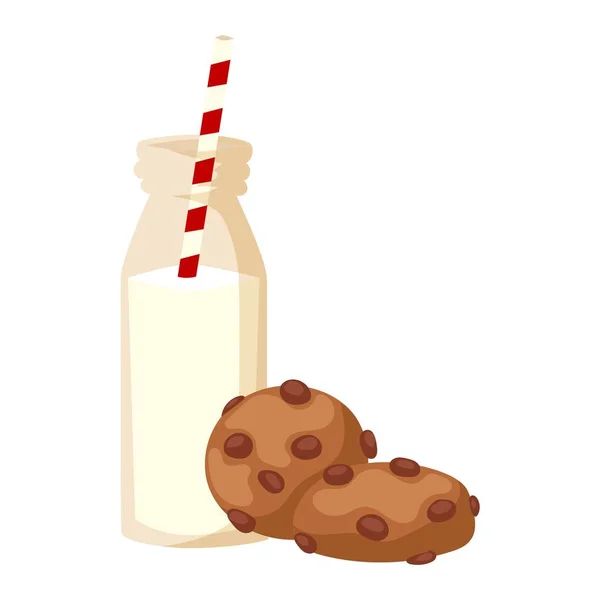 Vaso de leche y galletas aisladas en blanco — Vector de stock