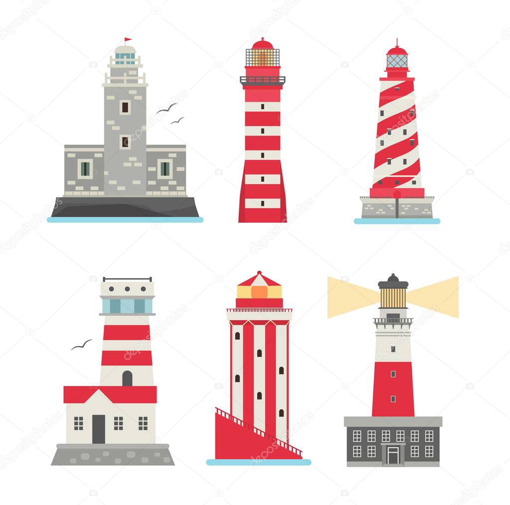 Vector set of cartoon flat lighthouses.