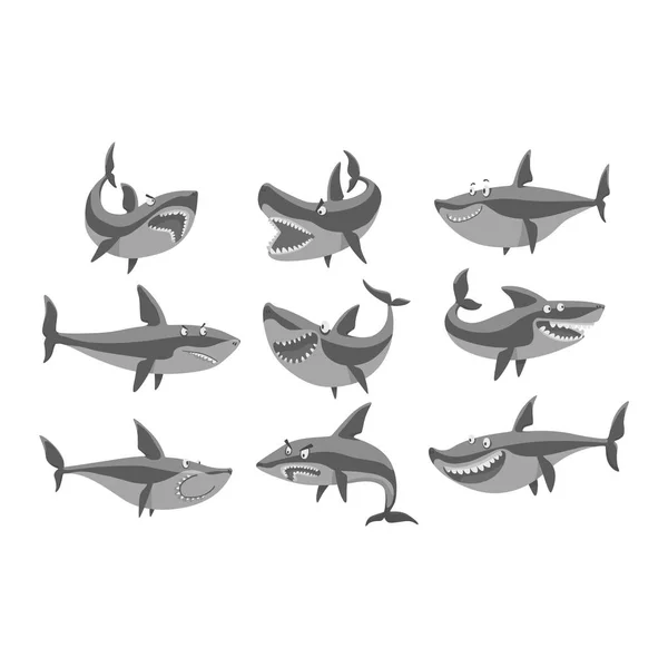 Conjunto de caracteres de tubarão vetor . — Vetor de Stock