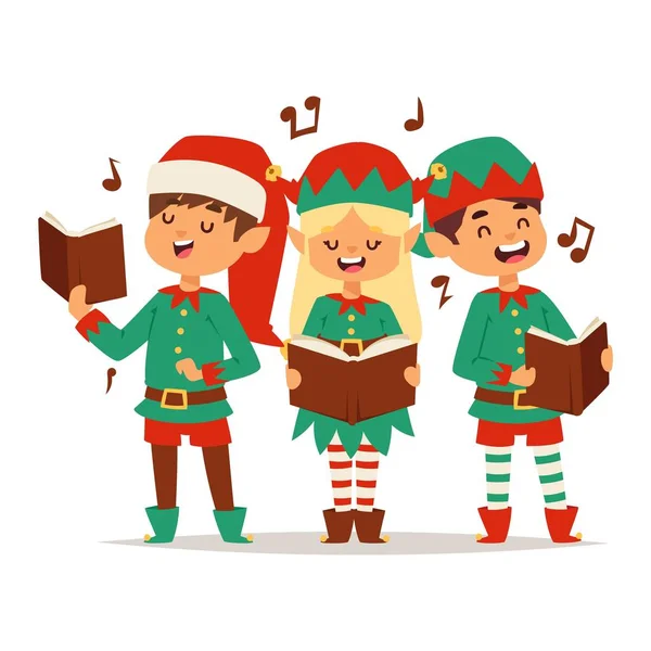 Papai Noel crianças desenhos animados elfo ajudantes — Vetor de Stock