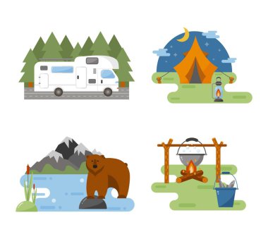 Kamp ekipmanları vektör simge kümesi.