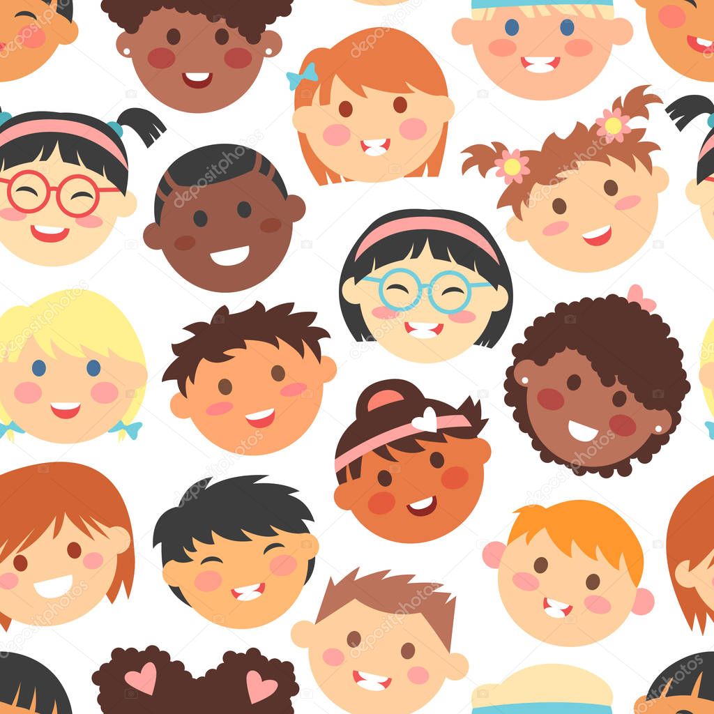 Vector Seamless Pattern Of Kids Faces Different Races — Stock Vector