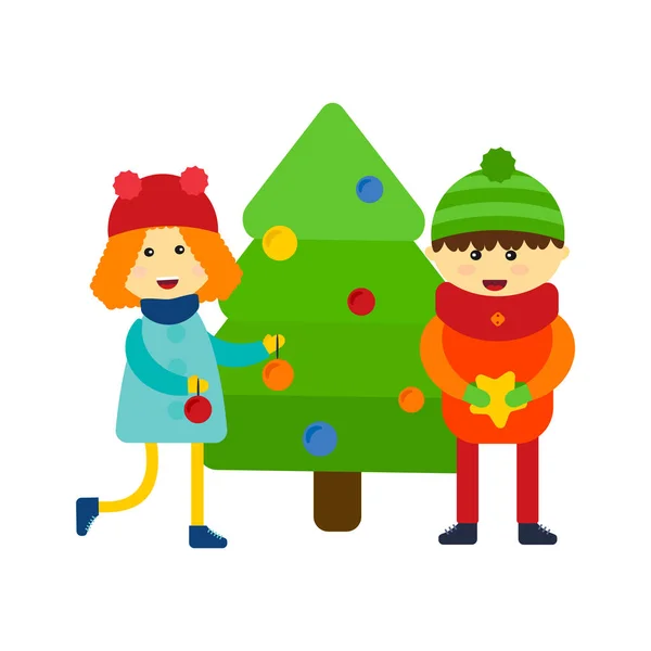 Niños cerca de árbol de pino vector ilustración . — Vector de stock