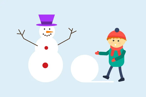 Kid making snowman vector illustration. — Stock Vector