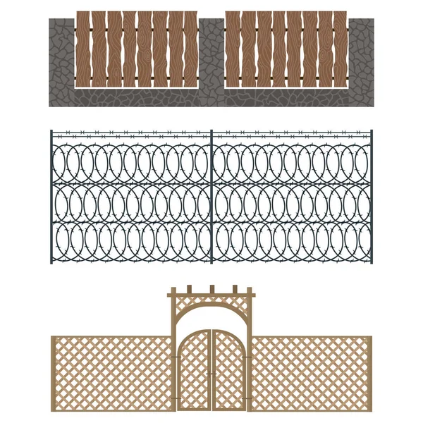 Different designs of fences and gates isolated vector. — Stock Vector