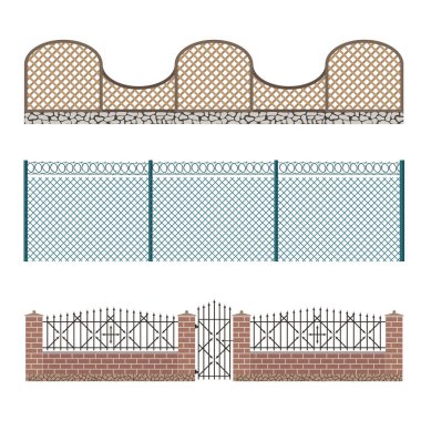 Different designs of fences and gates isolated vector. clipart