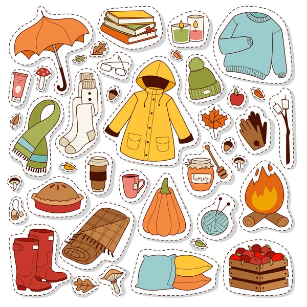 Otoño iconos pegatinas dibujado a mano vector . — Vector de stock