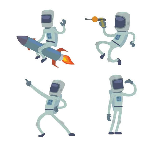 Ensemble d'astronautes mignons dans l'espace, travaillant et s'amusant . — Image vectorielle