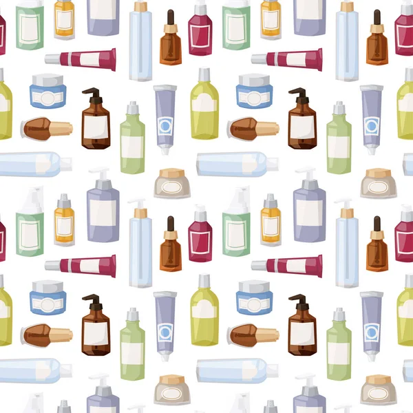 Bottiglie cosmetiche vettoriale modello senza soluzione di continuità illustrazione . — Vettoriale Stock