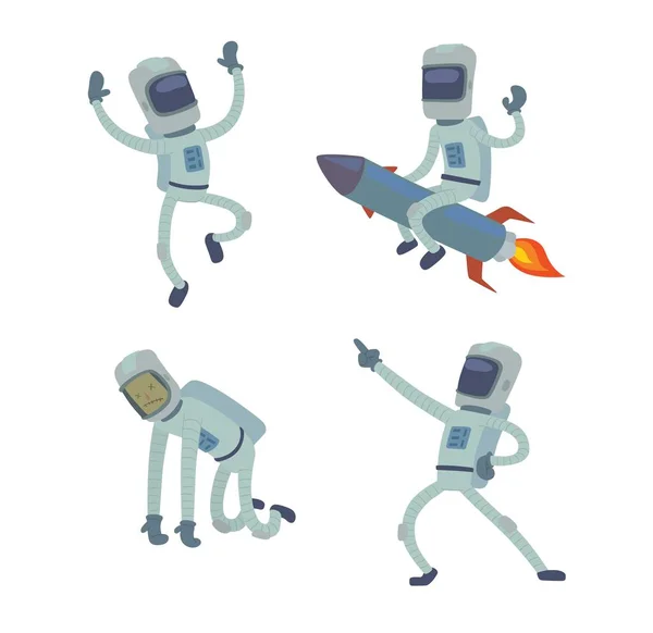 Набор милых астронавтов в космосе, работающих и веселящихся . — стоковый вектор