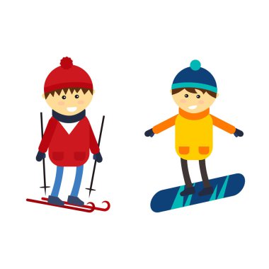 Kayak ve snowboard çocuk vektör çizim.