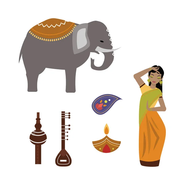 Ινδία ζώα και γυναίκα ανυσματικά εικονίδια. — Διανυσματικό Αρχείο