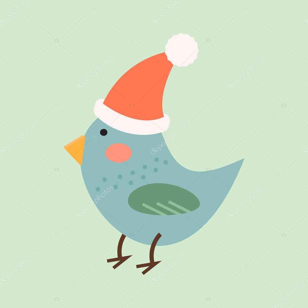 Happy blue bird cartoon vector illustration. Flying little cute animal with red christmas hat. Natural feather element small colorful sparrow silhouette.
