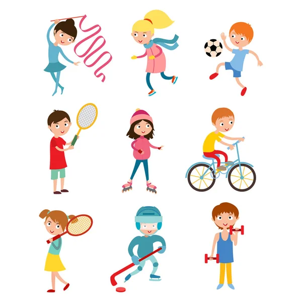 Copii mici sportivi izolați pe ilustrații vectoriale albe — Vector de stoc