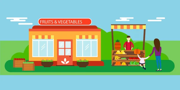 Vendedor callejero con puesto de frutas y verduras vector ilustración . — Vector de stock