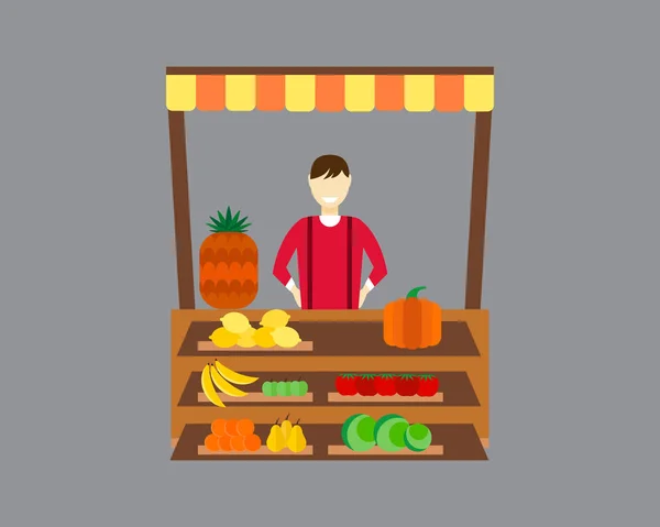 Straat verkoper met kraam groenten en fruit vectorillustratie. — Stockvector