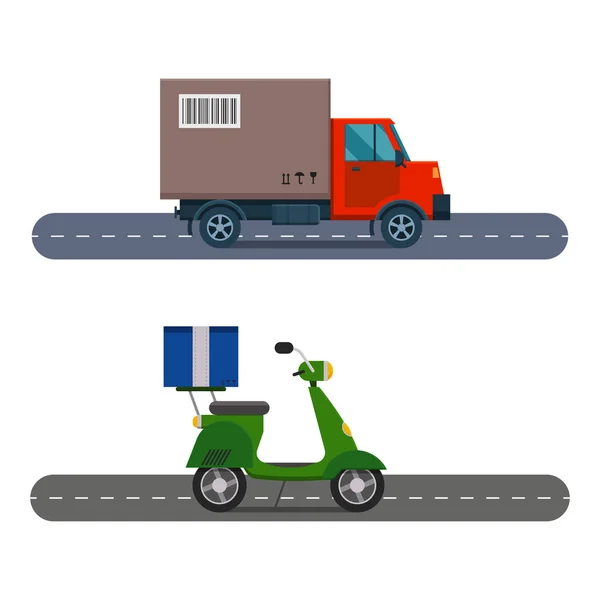 Ilustracja wektorowa dostawy transportu cargo ciężarówka i skuter. — Wektor stockowy