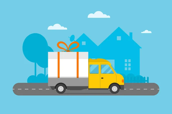 Livraison transport boîte cadeau camion vecteur illustration . — Image vectorielle