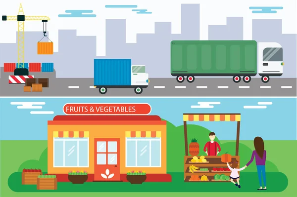 Straßenverkäufer mit Obststand und LKW-Ladung Stadtverkehr Vektor Illustration. — Stockvektor