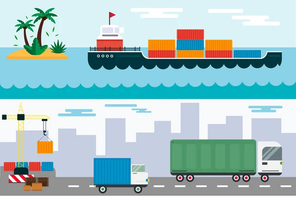 Lieferung Lastkraftwagen und Schiff Seetransport Vektor Illustration. — Stockvektor