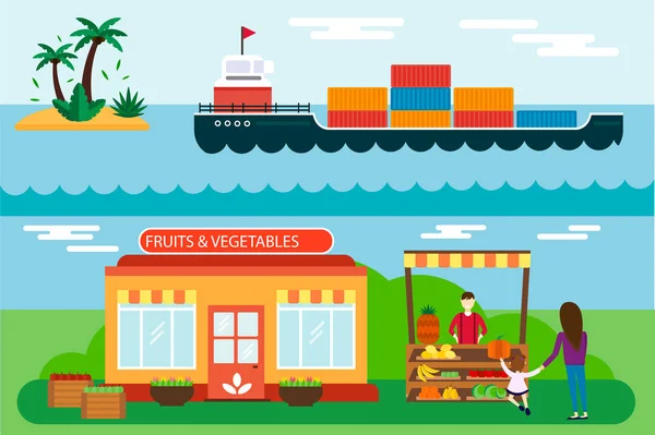 Vendedor de rua com stall frutas e navio de carga mar transporte vetor ilustração . —  Vetores de Stock