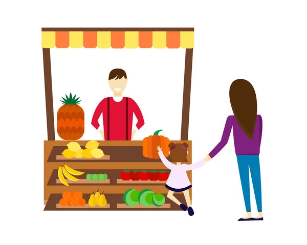 Pouliční prodejce s stánek ovoce a zeleniny vektorové ilustrace. — Stockový vektor