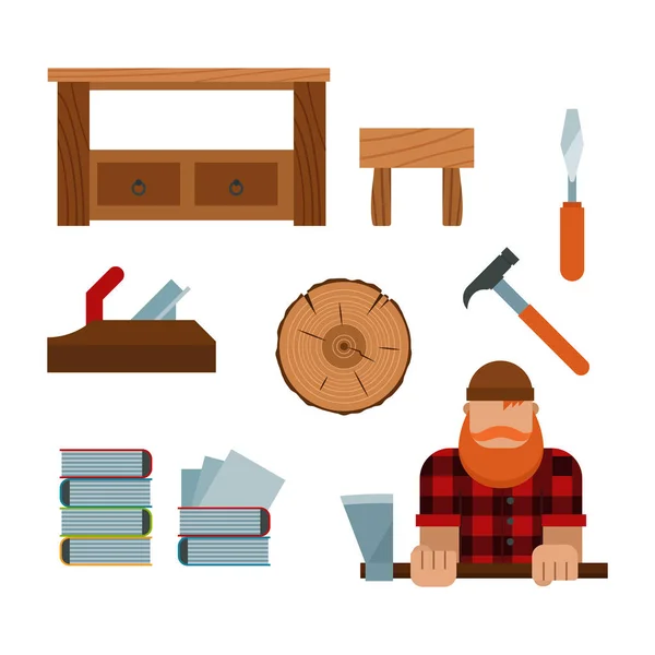 Houthakker en houtbewerking tools iconen vector illustratie — Stockvector