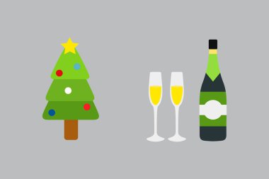 Süslü Noel ağacı ve şampanya şişesi vektör çizimi.