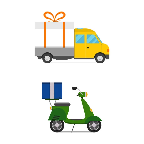 Levering vervoer cadeau vak vrachtwagen en scooter verzending vectorillustratie. — Stockvector